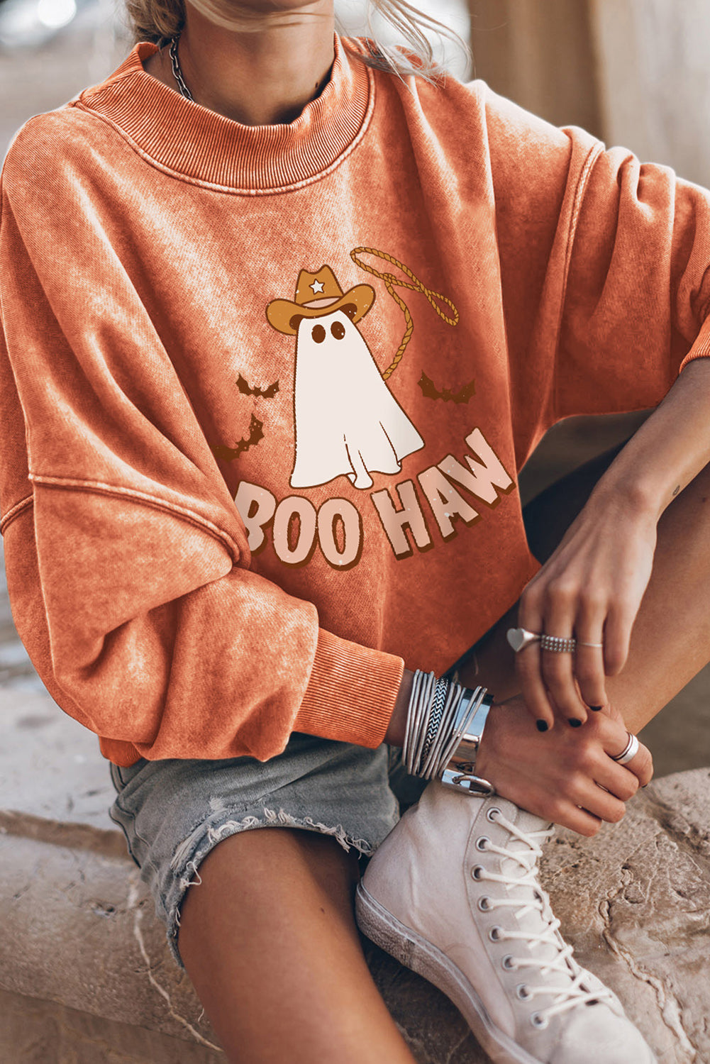 BOO HAW Ghost Graphic Dropped Shoulder Round Neck Sweatshirt, Western Halloween, Orange Ghost