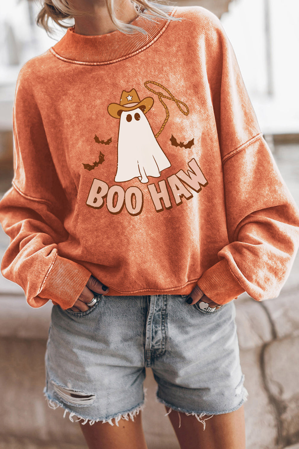 BOO HAW Ghost Graphic Dropped Shoulder Round Neck Sweatshirt, Western Halloween, Orange Ghost