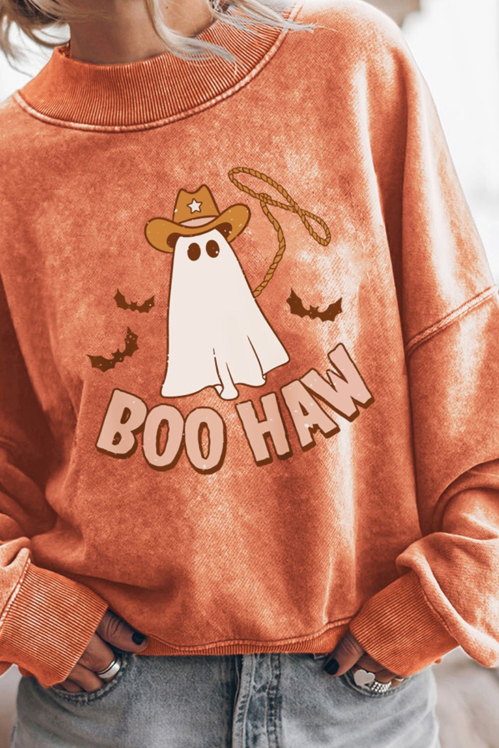 BOO HAW Ghost Graphic Dropped Shoulder Round Neck Sweatshirt, Western Halloween, Orange Ghost