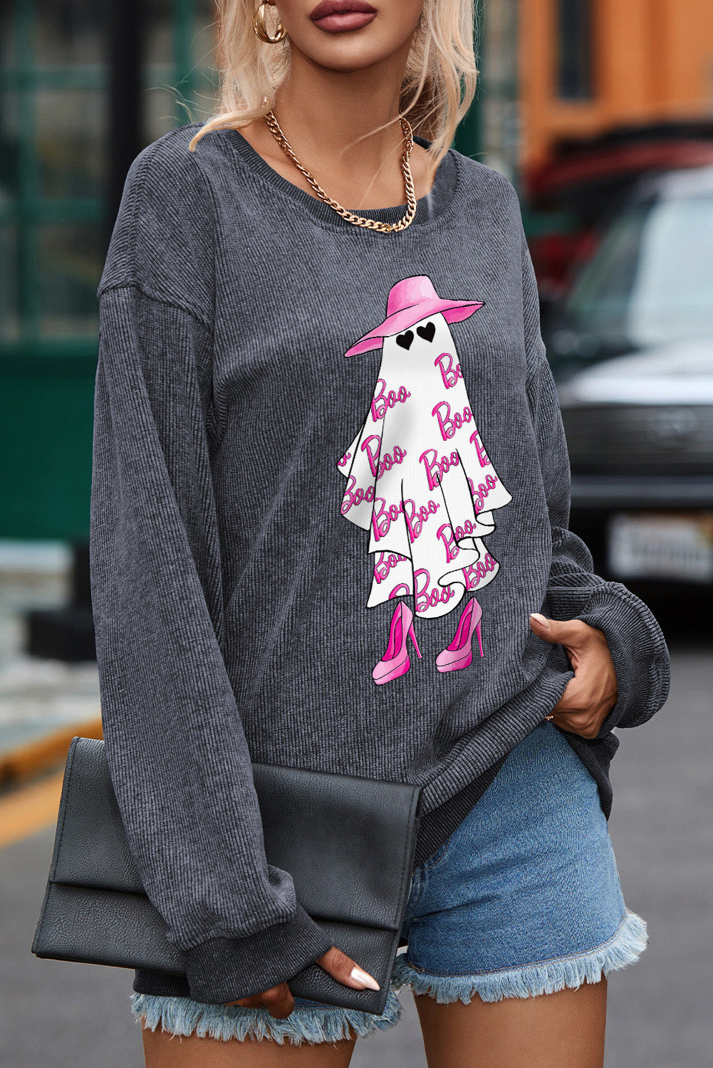 BOO Ghost Graphic Drop Shoulder Sweatshirt, Boo Sweatshirt, Women Grey Winter Top